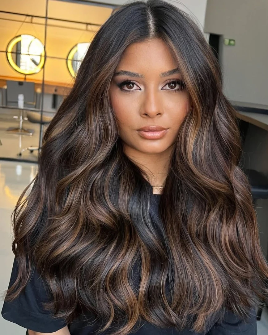 Rich Brunette Balayage With Soft Face Framing Layers