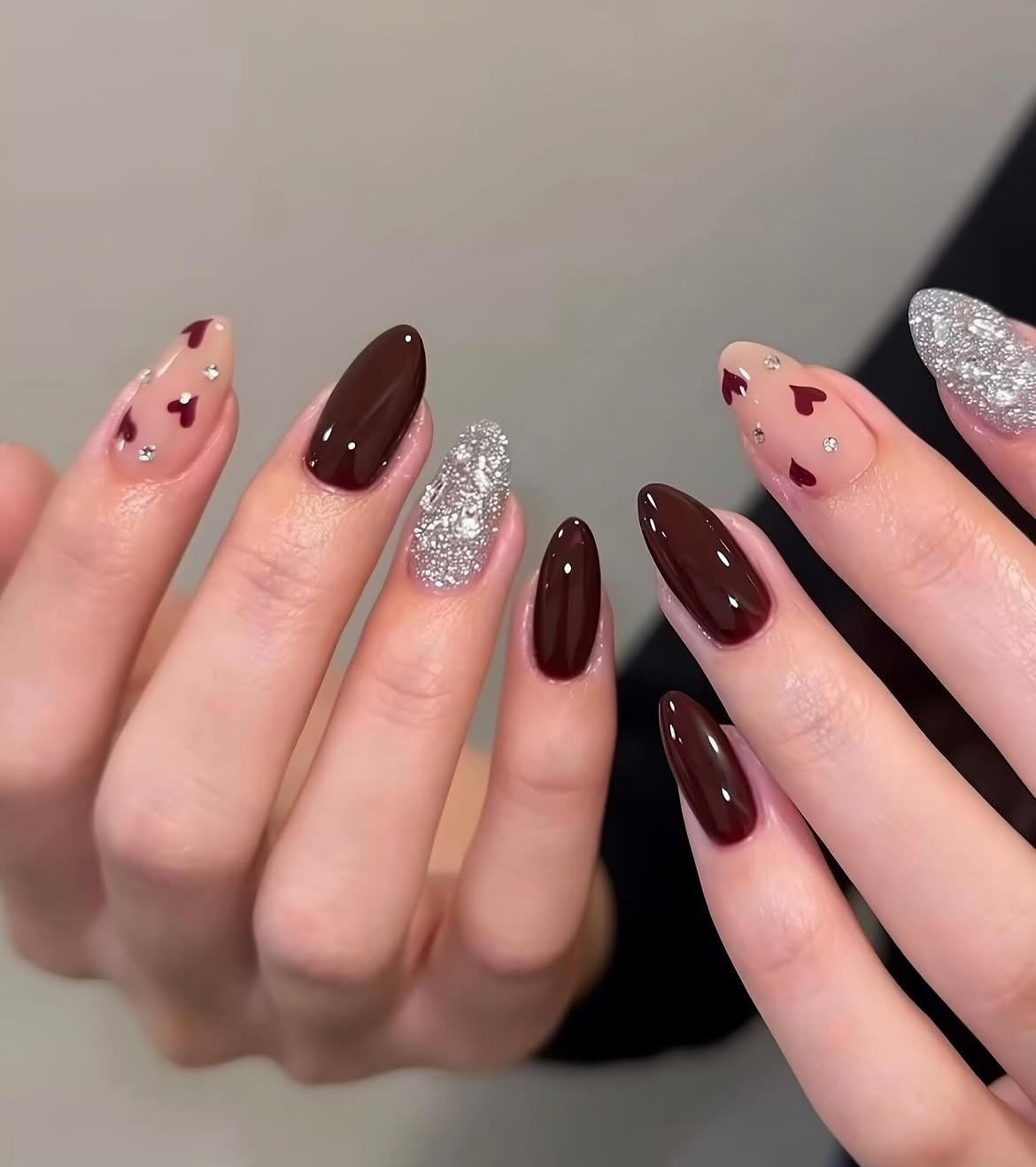 Rich Burgundy and Glitter Silver Almond Nails