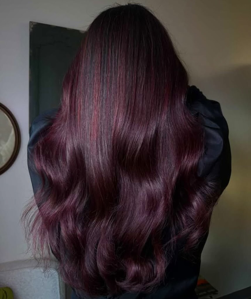 Rich Burgundy Waves On Long Layered Hair