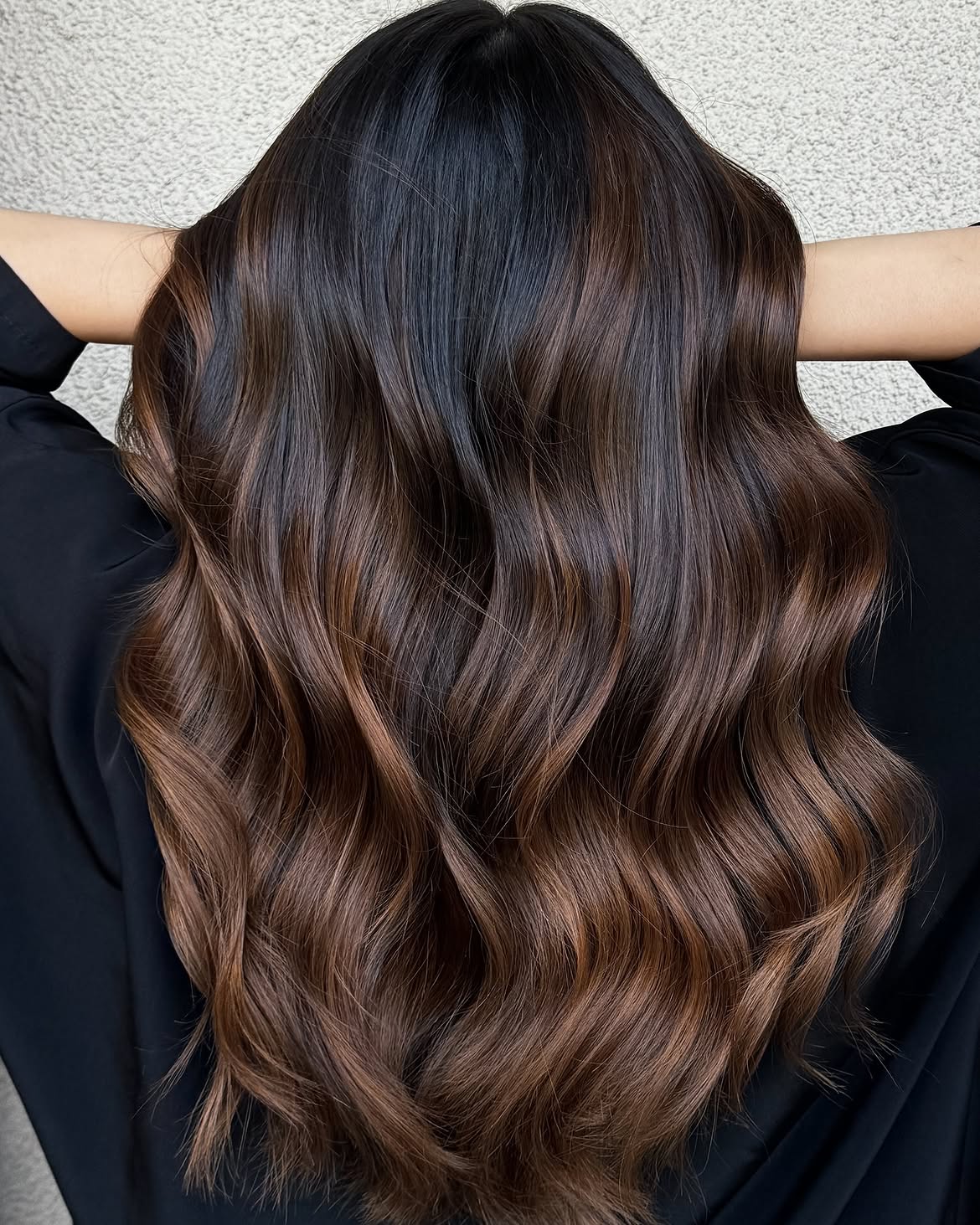 Rich Caramel Balayage On Long Espresso Waves
