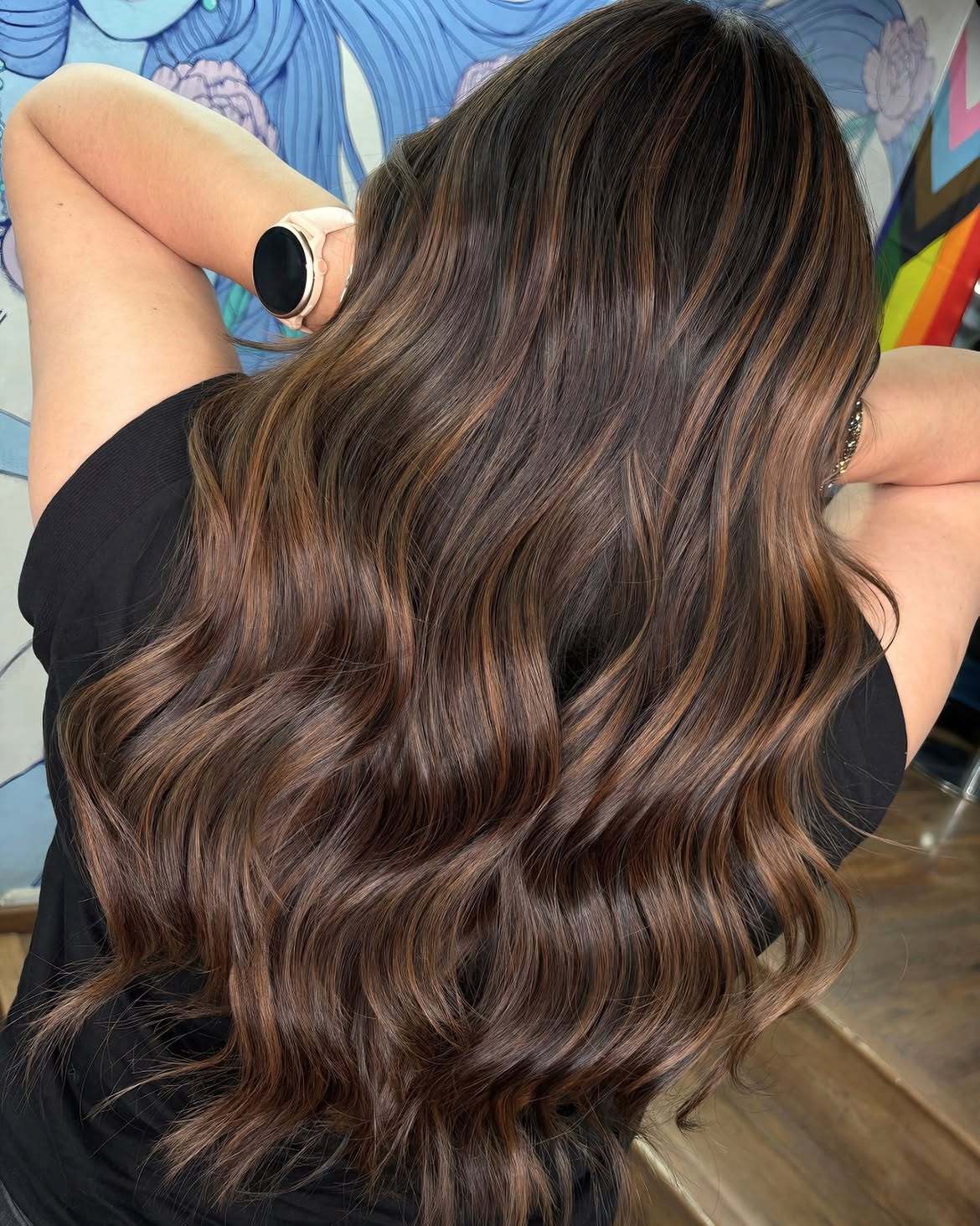 Rich Caramel Balayage On Long Wavy Brunette Hair