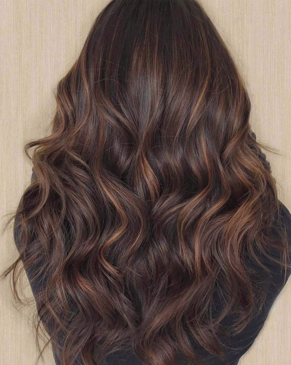 Rich Caramel Balayage On Long Wavy Brunette Hair