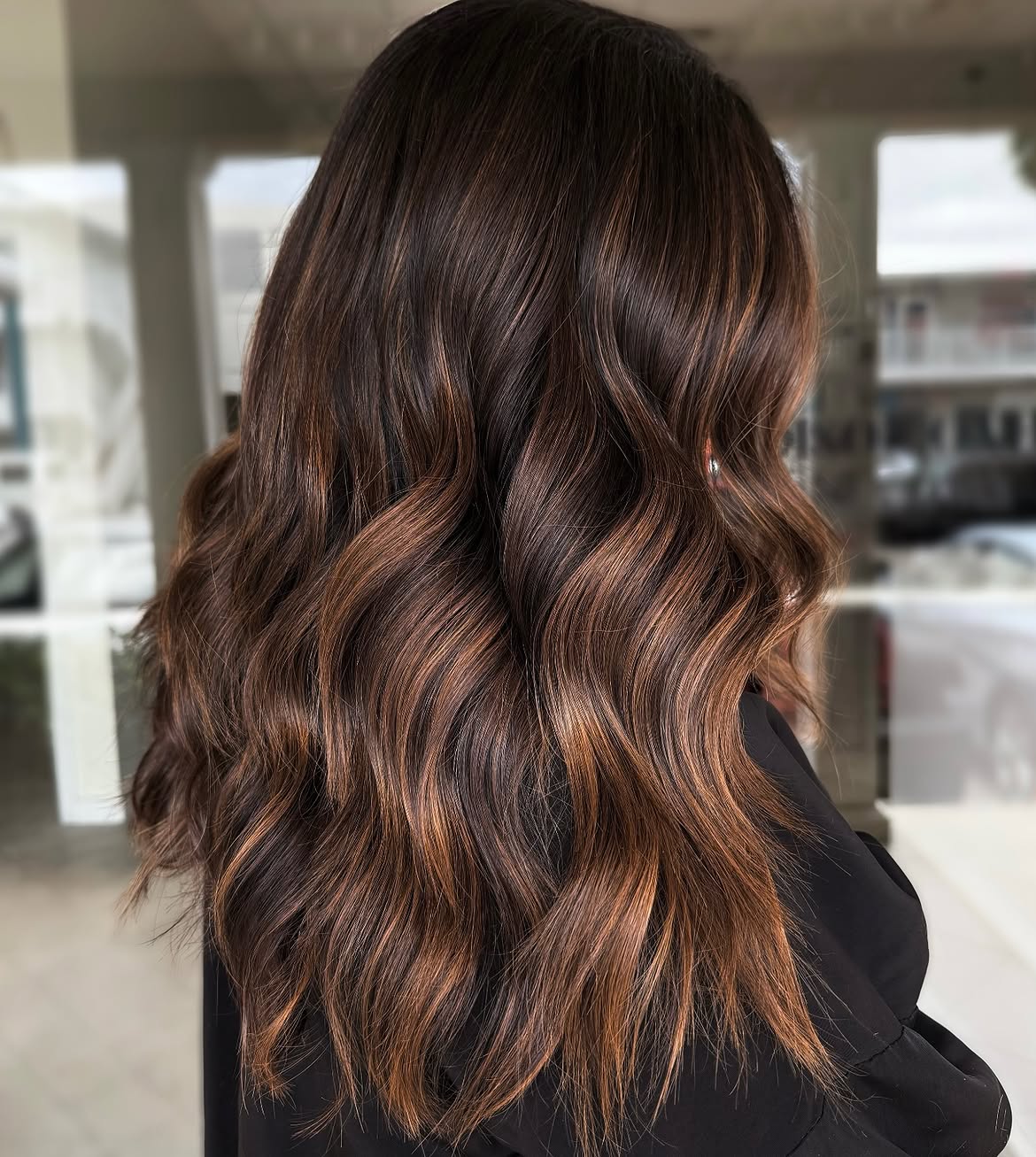 Rich Caramel Balayage On Long Wavy Brunette Hair