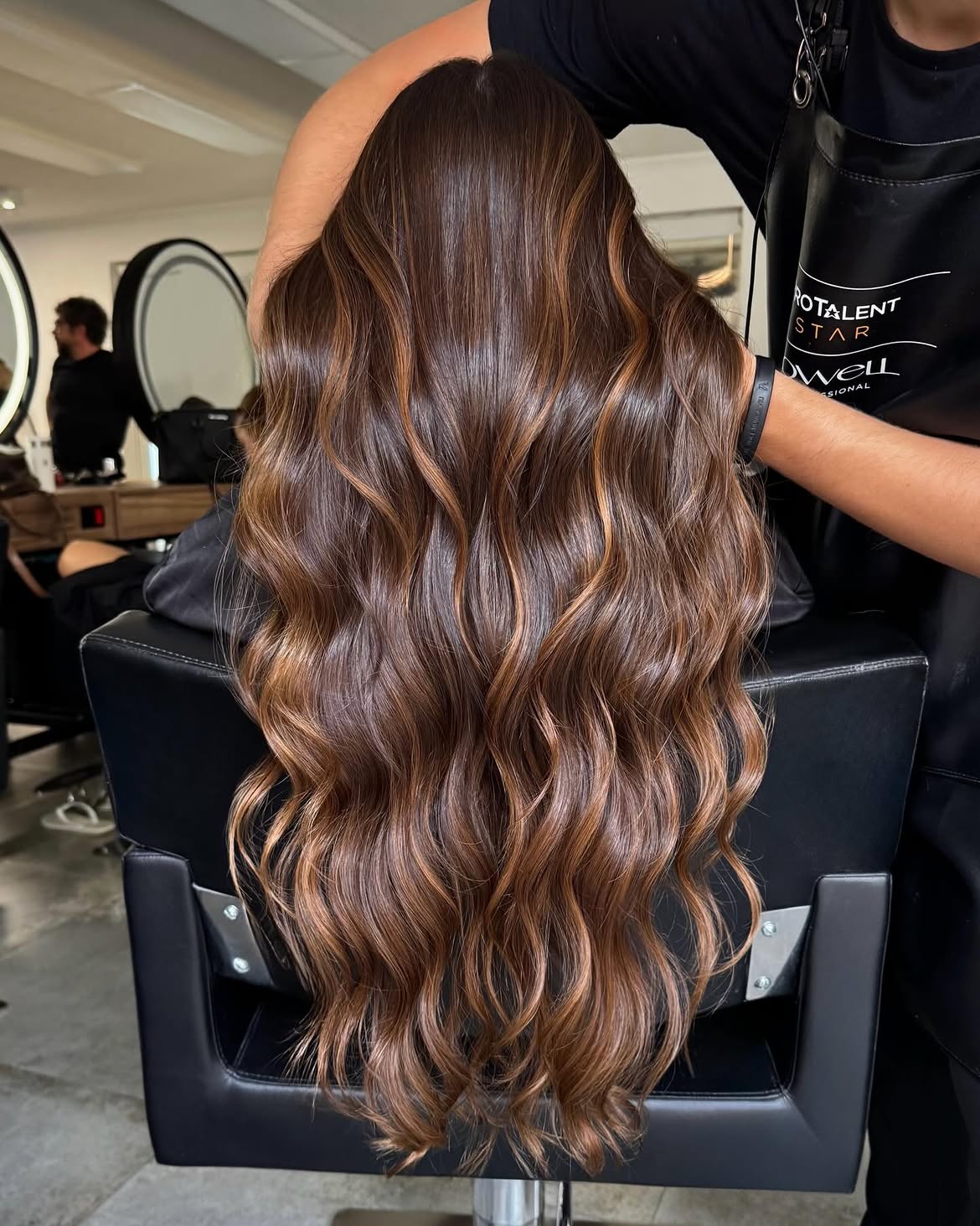 Rich Caramel Balayage On Long Wavy Espresso Hair