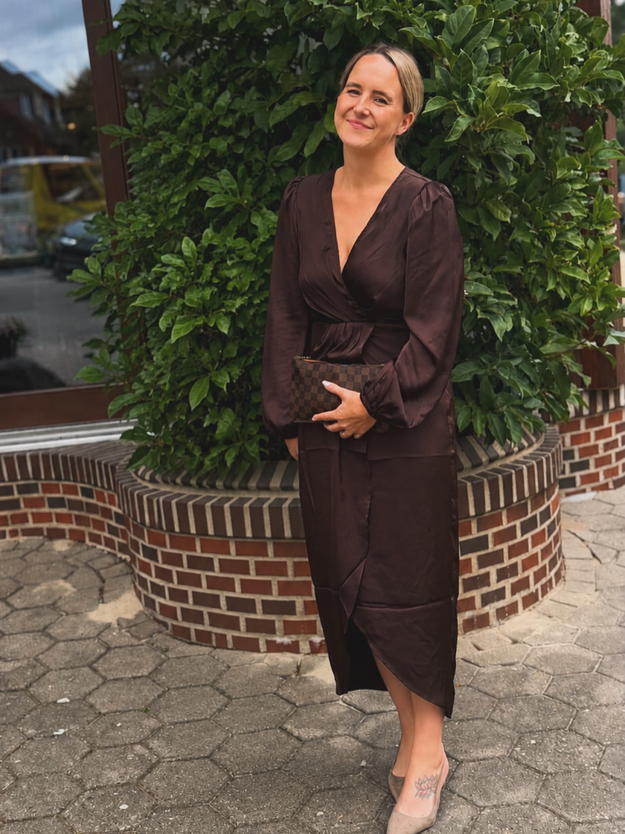 Rich Chocolate Satin Wrap Midi Dress With Nude Pumps