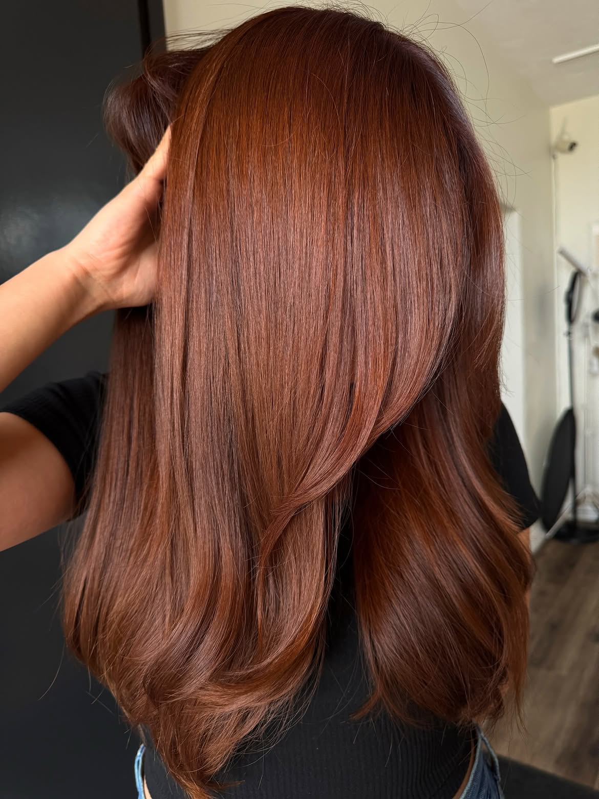 Rich Copper Brown Balayage With Soft Waves