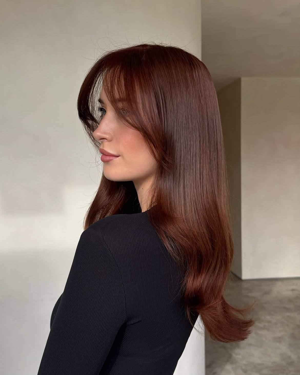 Rich Copper Brown Long Layers With Face Framing