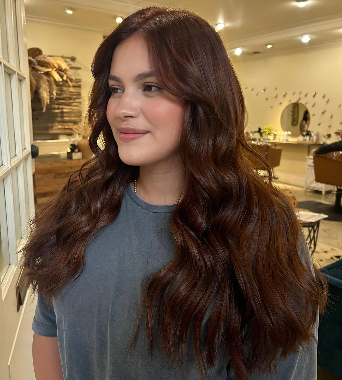 Rich Copper Brown Waves With Face-Framing Layers
