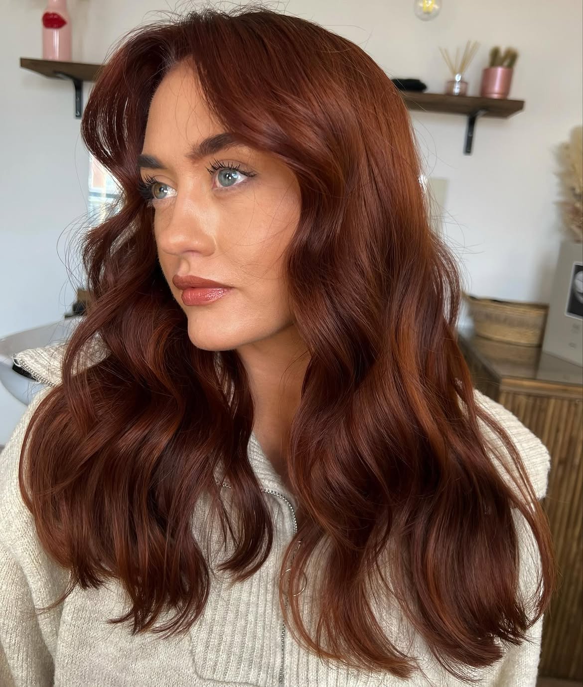 Rich Copper Brown Waves With Face-Framing Layers