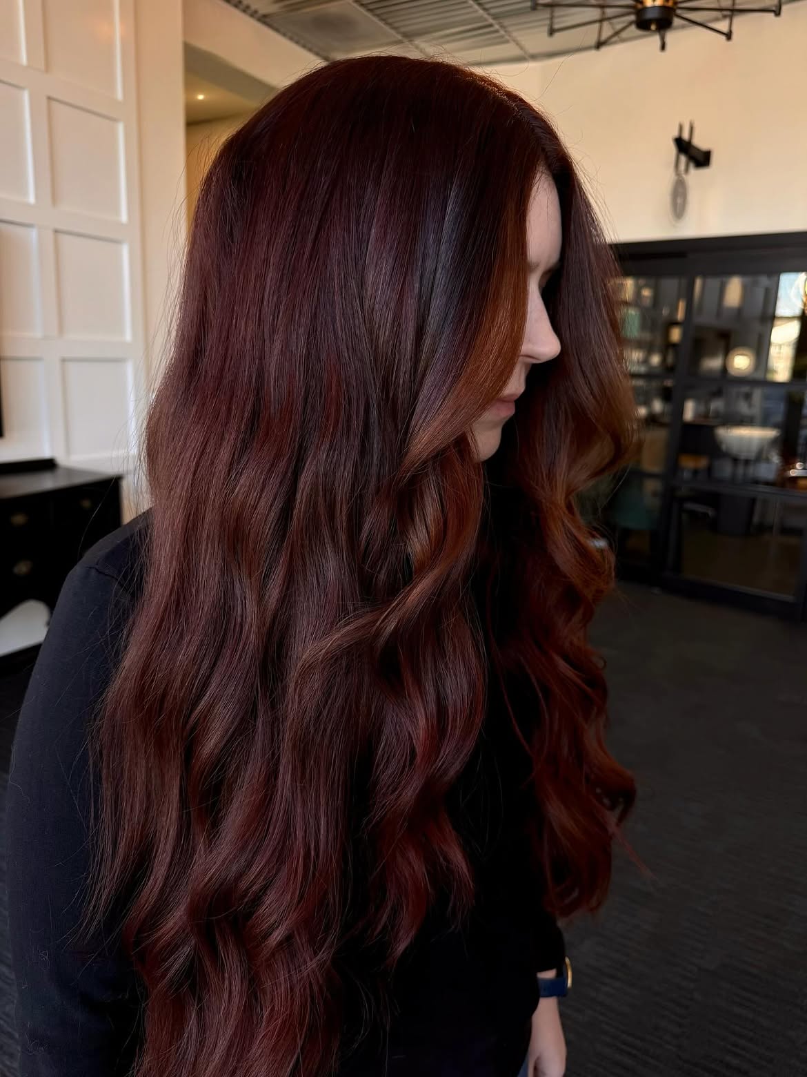 Rich Mahogany Red Long Layered Waves
