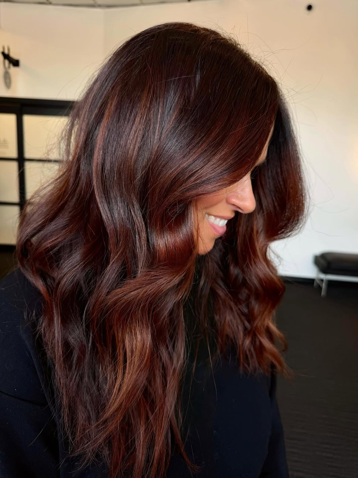 Rich Mahogany Red Waves With Face Framing Layers