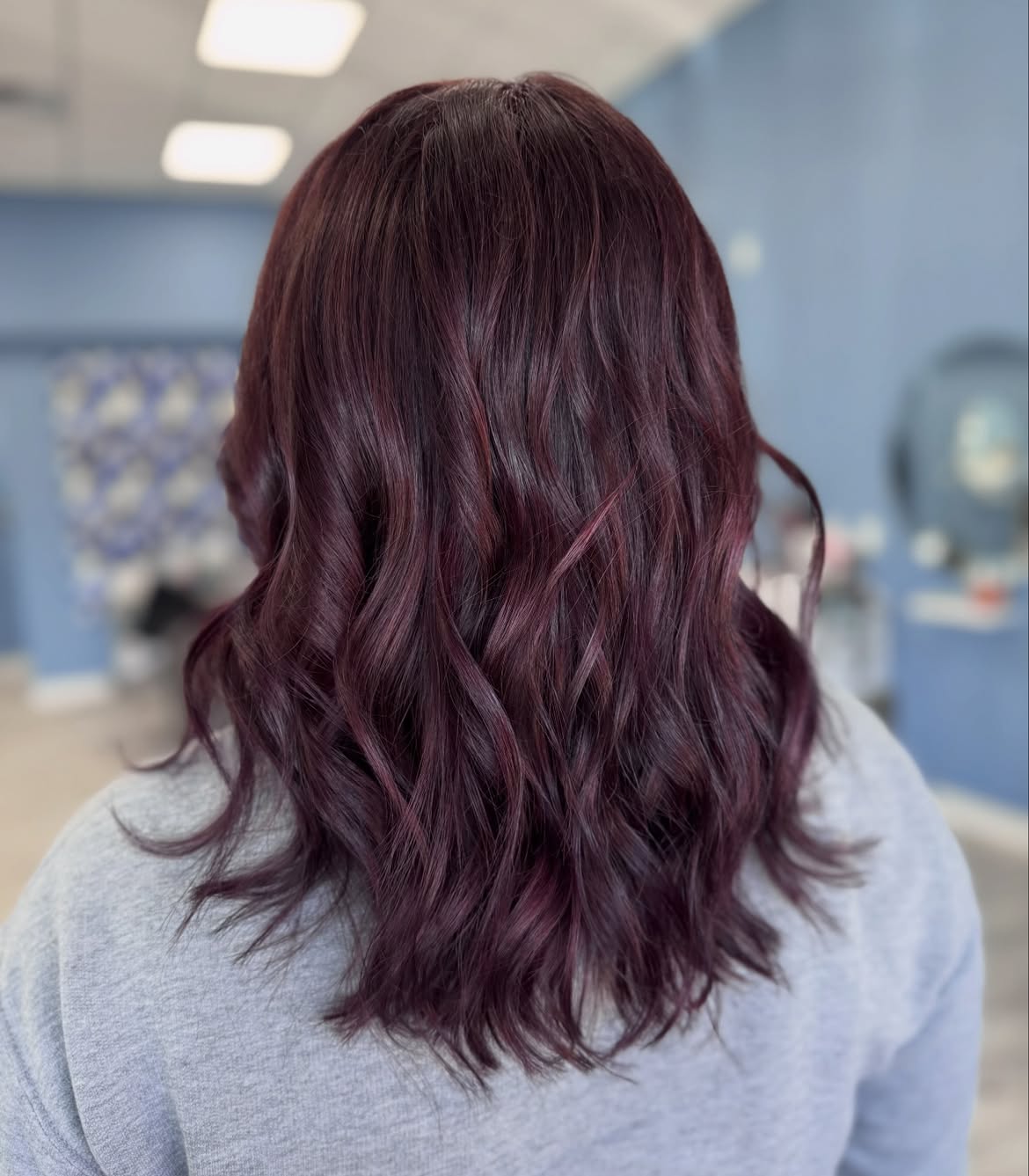 Rich Plum Red Waves On Medium Length Hair