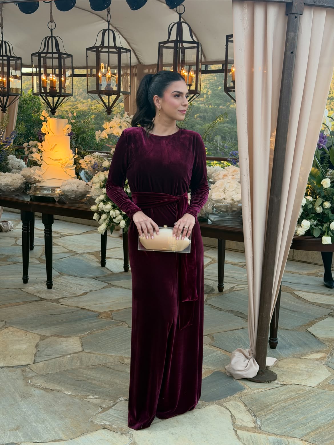 Rich Velvet Burgundy Long Sleeve Gown