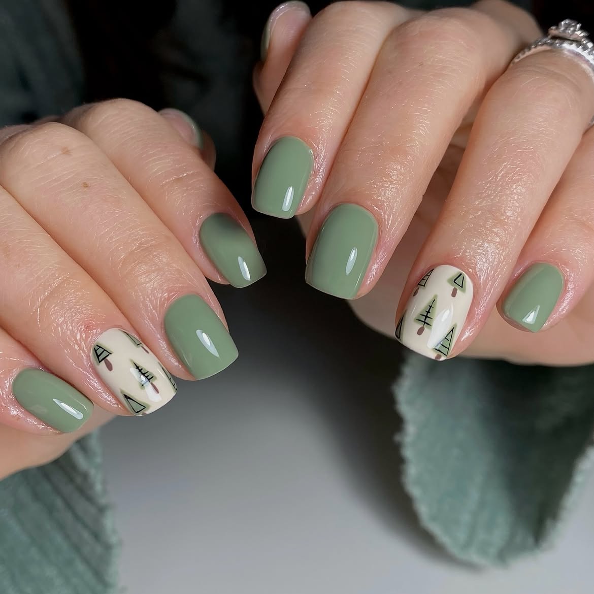 Sage Green Christmas Tree Nail Art