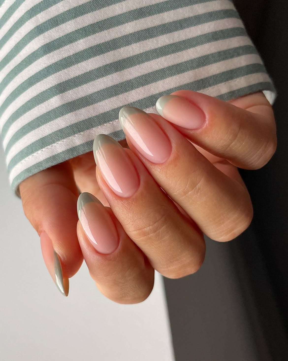 Sage Green French Tip Oval Nails