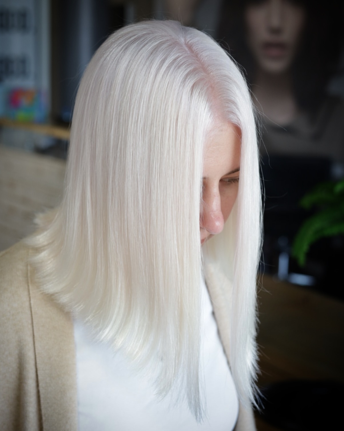Sleek Blunt Cut On Icy Platinum Blonde Lob