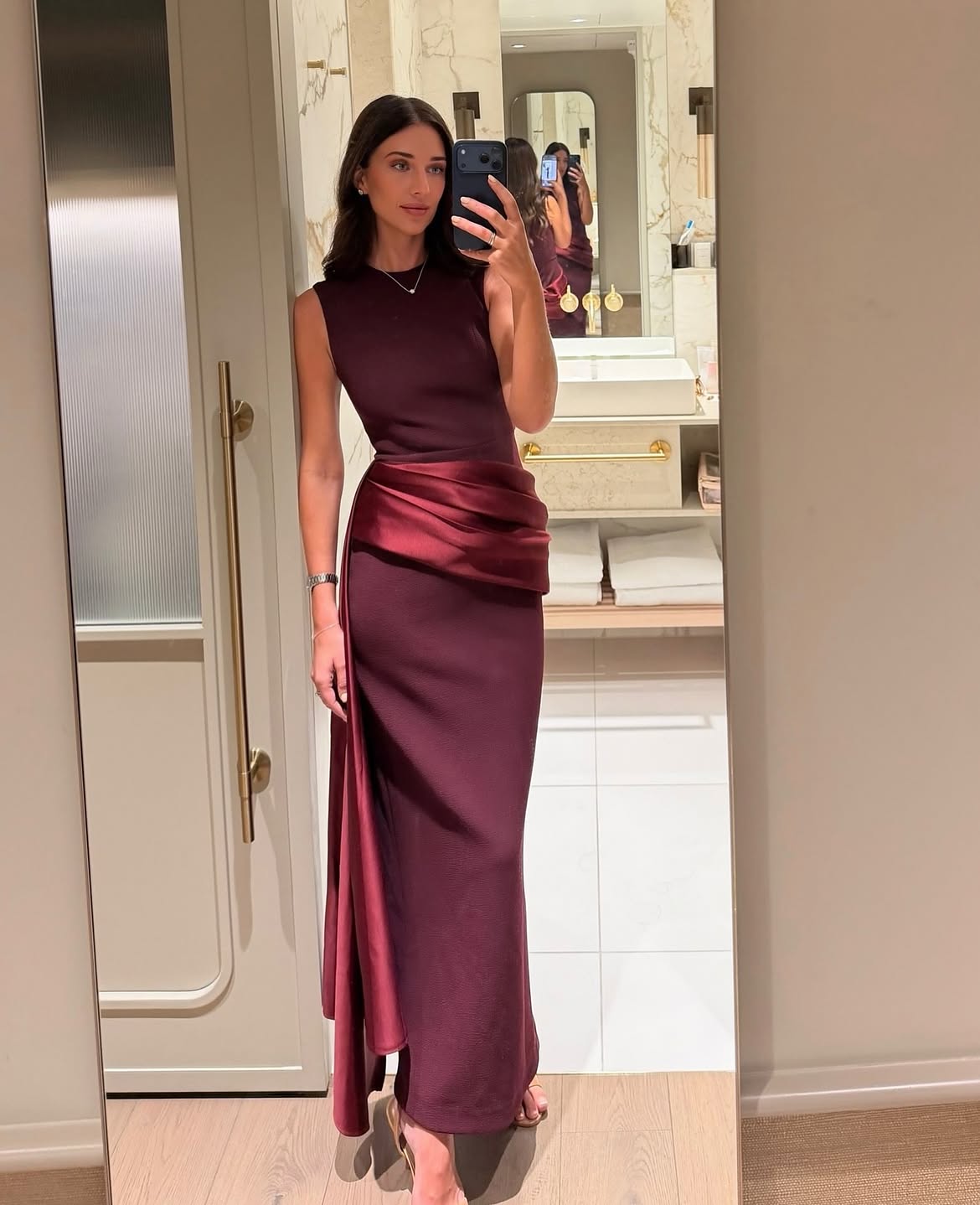 Sleek Burgundy Gown With Draped Waist Detail