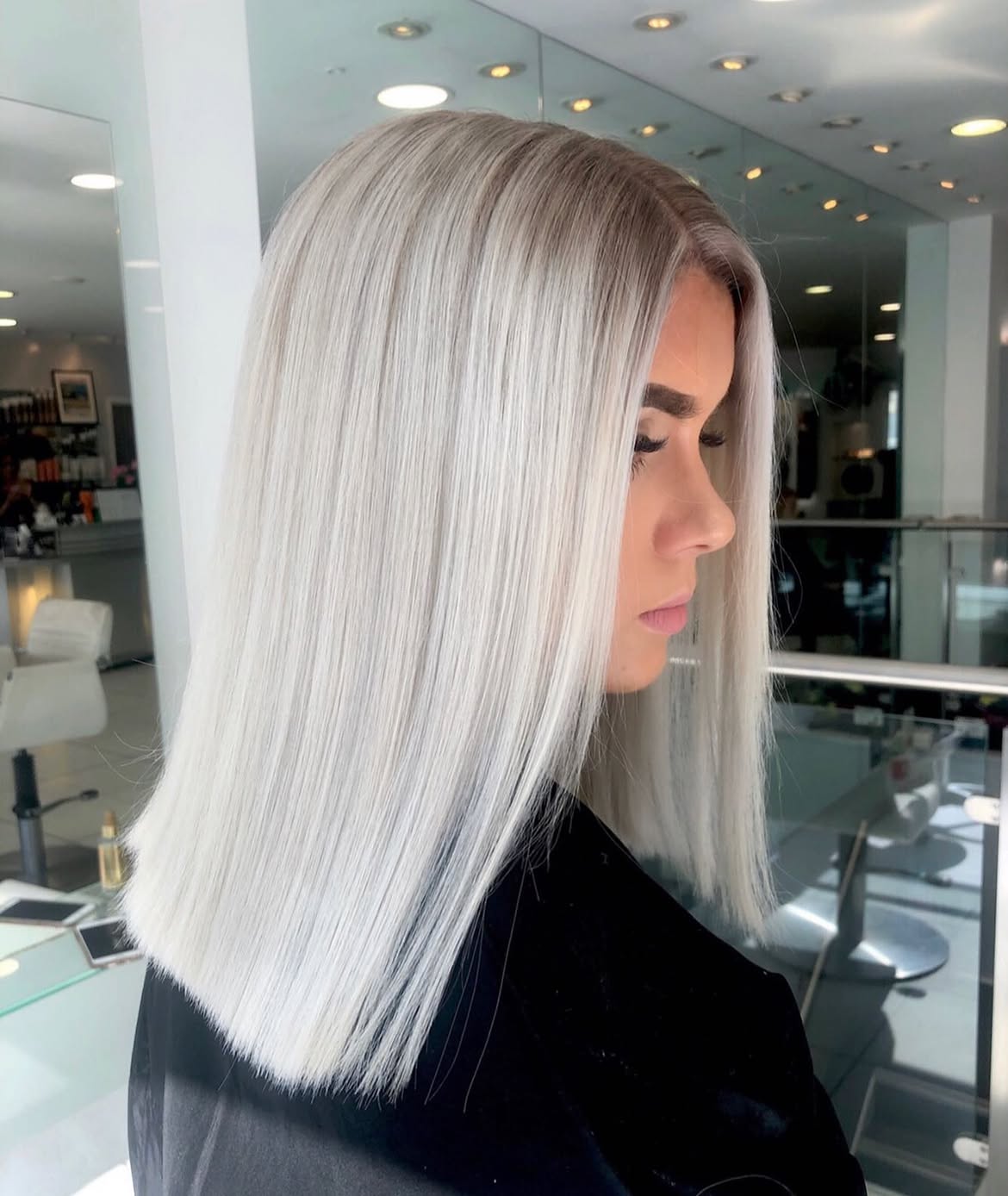 Sleek Platinum Blonde Blunt Cut Lob