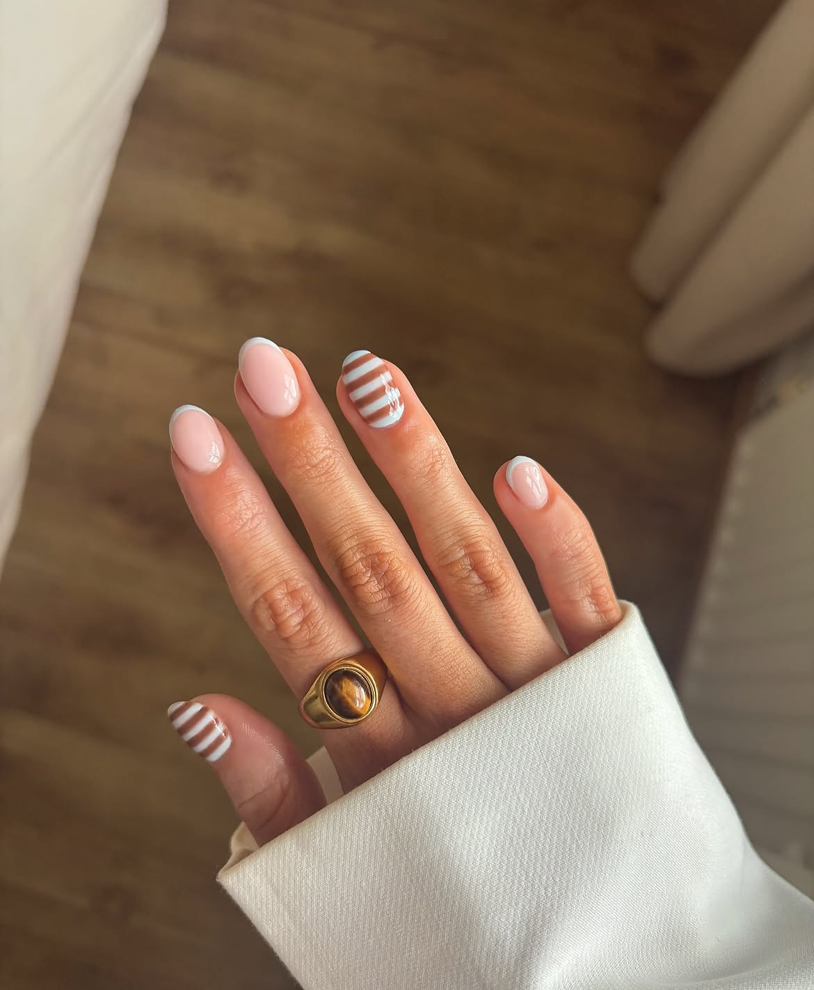 Soft Pink French with Chocolate Stripe Accent Nails
