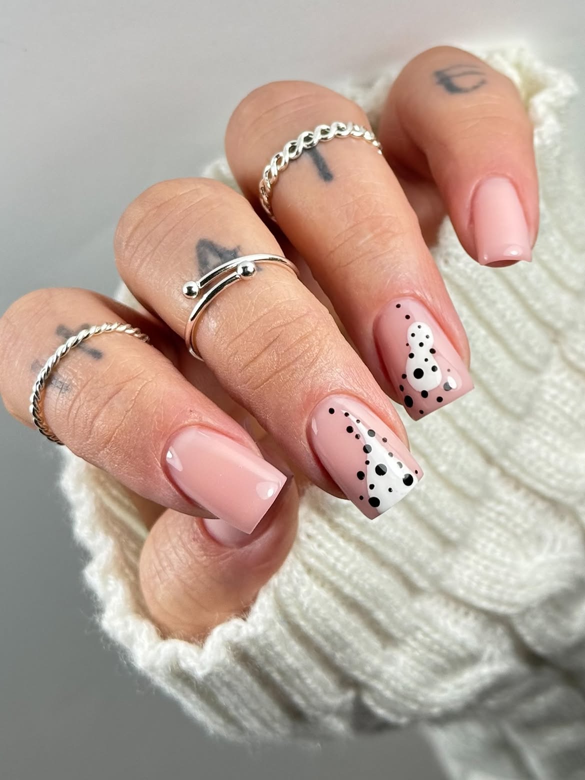 Soft Pink Milky Coffin Nails with Black Dot Abstract Art