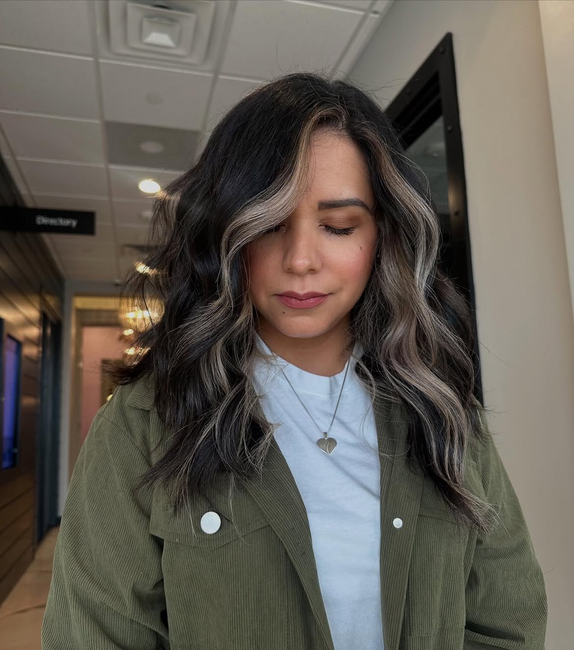 Soft Wavy Dark Hair With Bright Money Piece