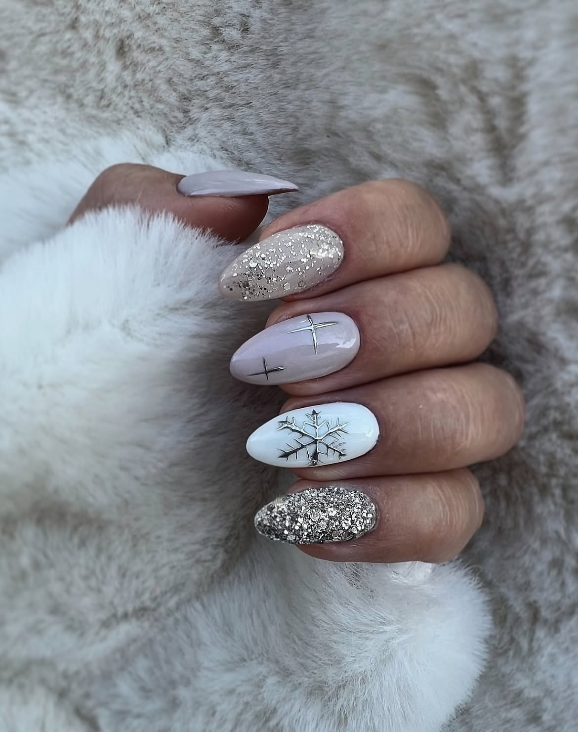 Sparkling Snowflake Winter Almond Nails