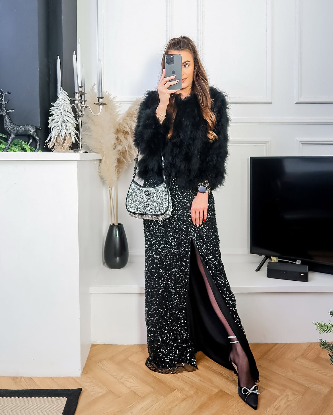 Sparkly Black Maxi Dress With Feather Jacket