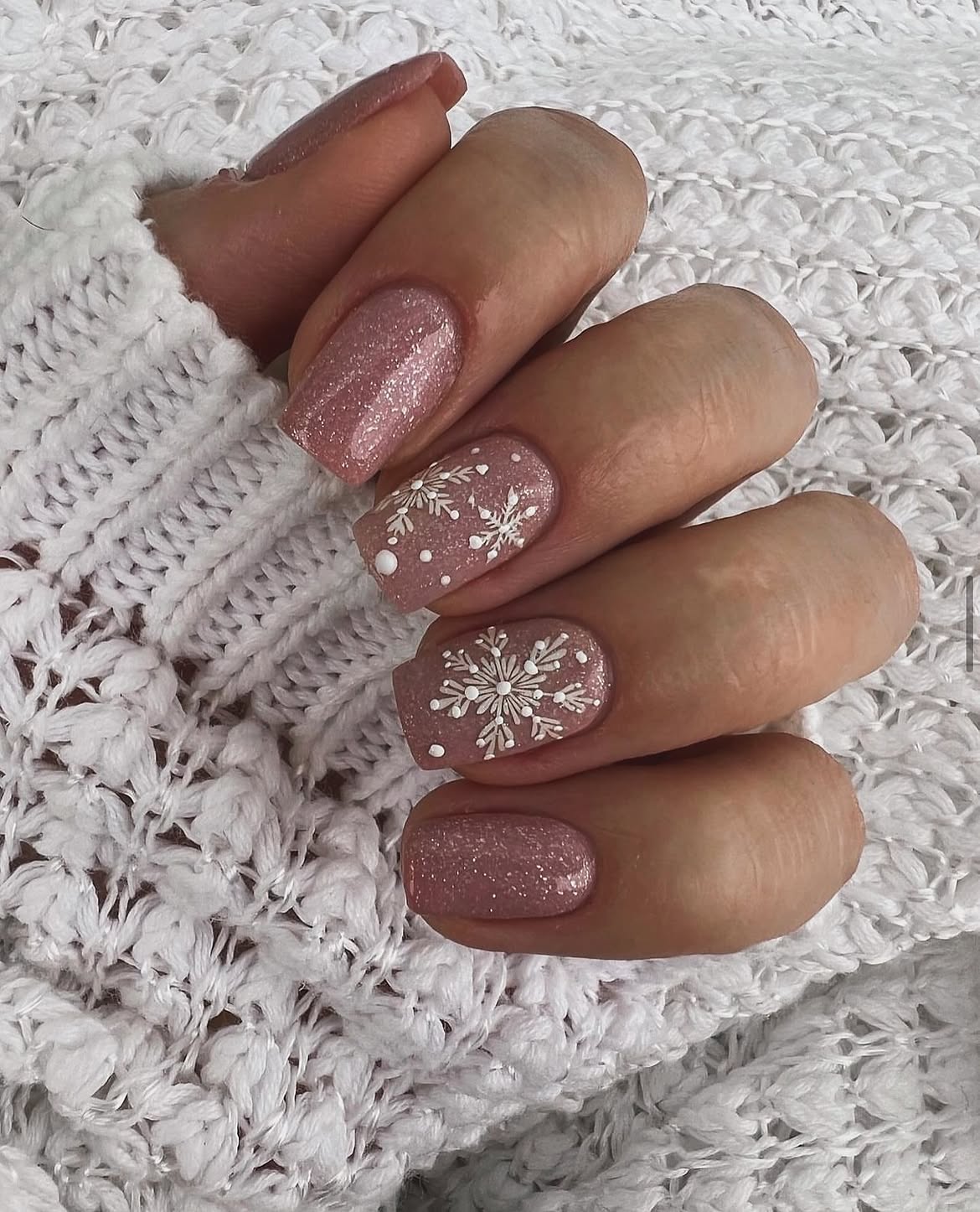 Sparkly Rose Gold Snowflake Winter Nails