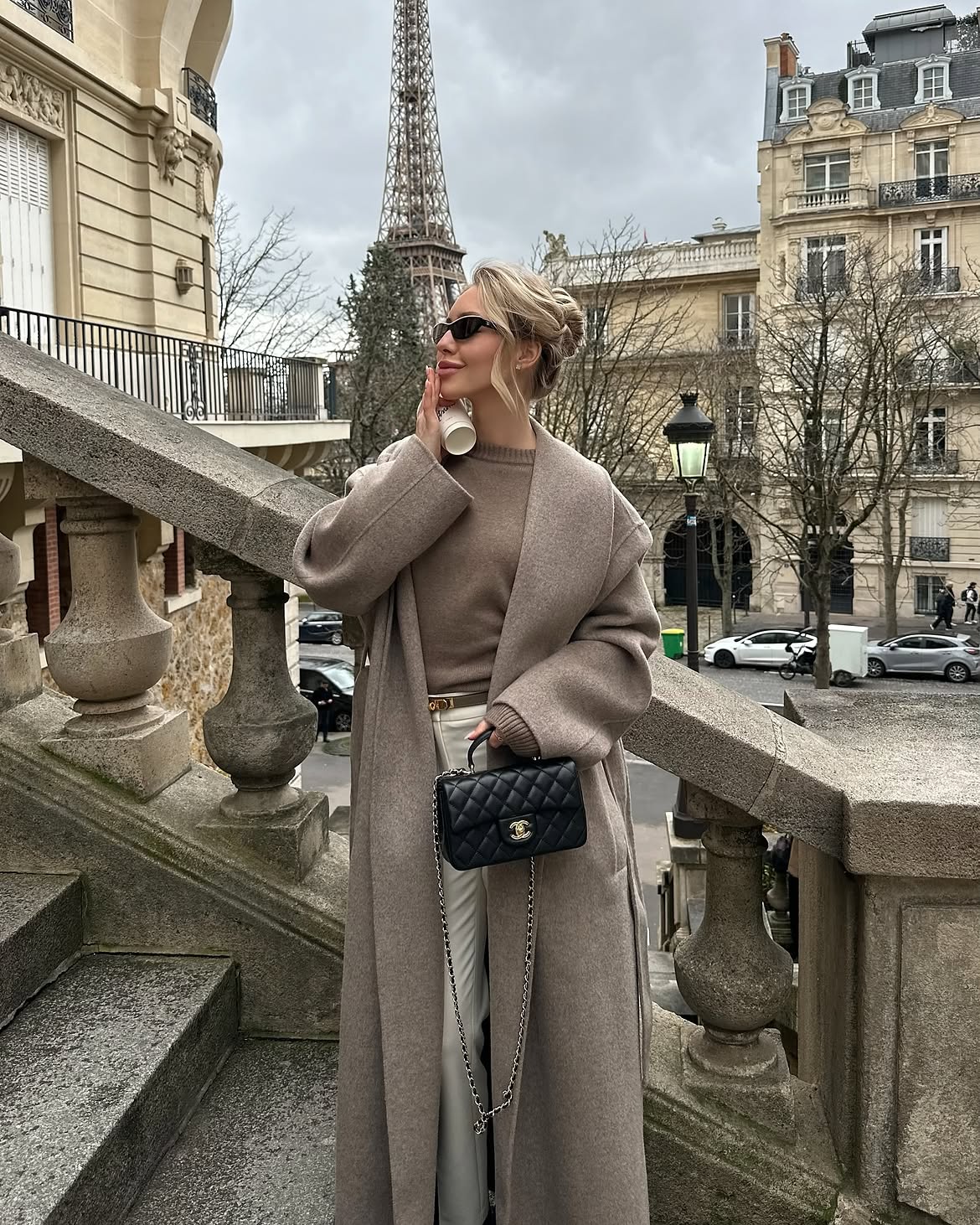 Taupe Wrap Coat And Cream Trousers Parisian Street Style