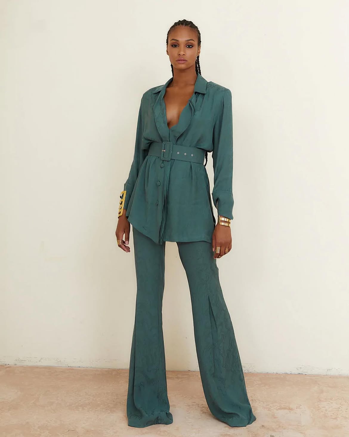 Teal Shirt Set With Belted Waist And Flare Pants