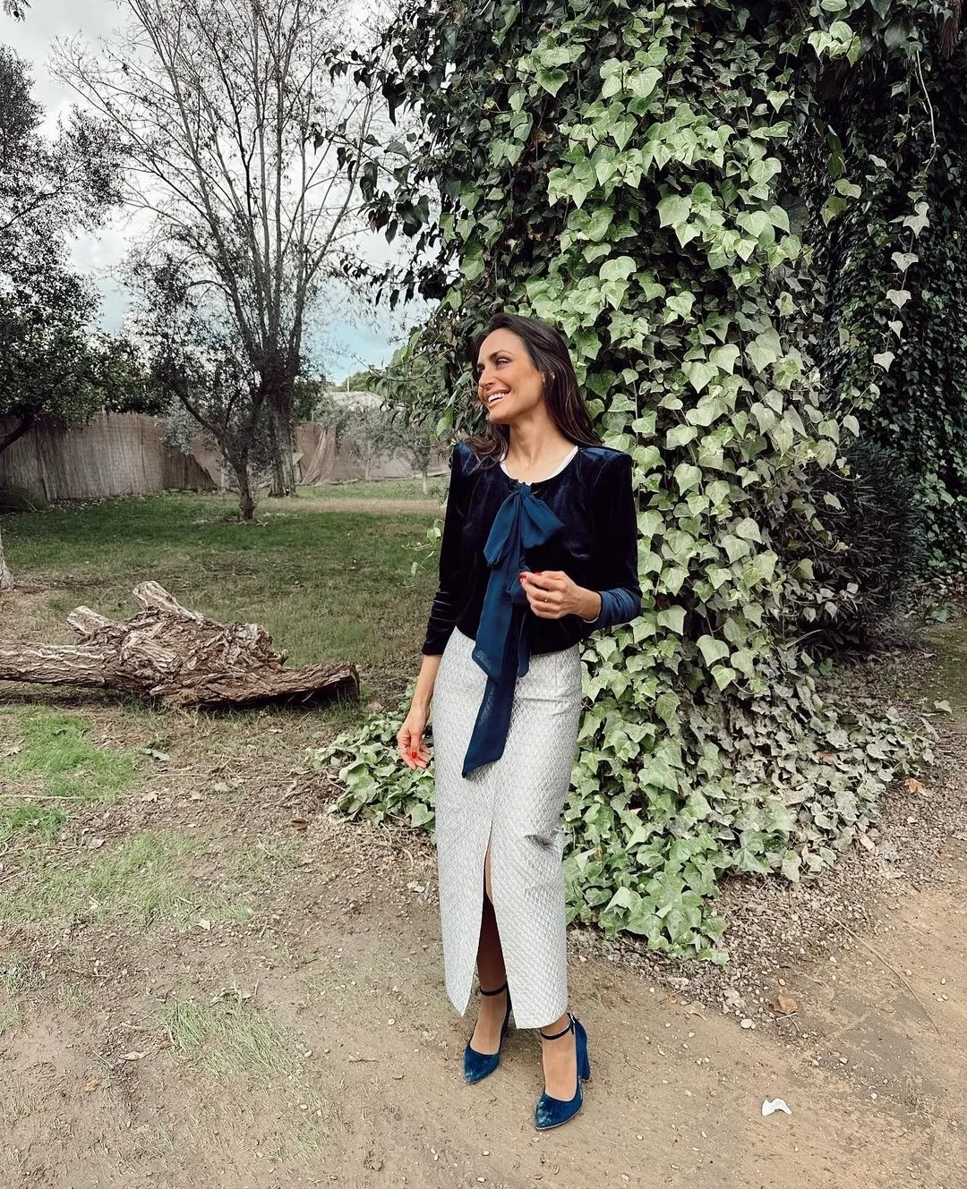 Velvet Bow Blouse With Embellished Midi Skirt
