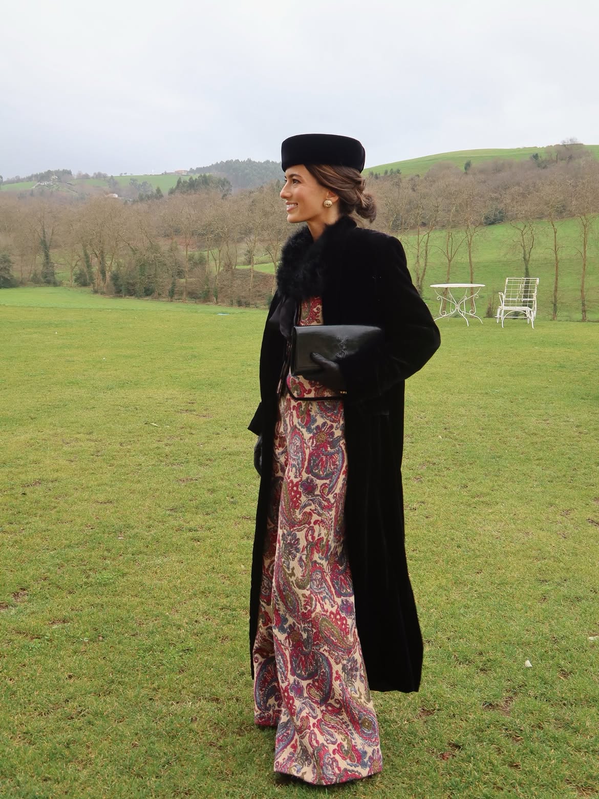Velvet Coat Over Paisley Maxi Dress