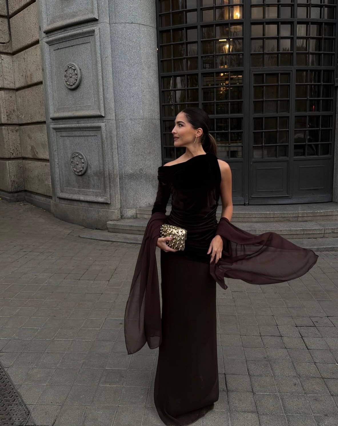 Velvet One-Shoulder Gown With Chiffon Overlay