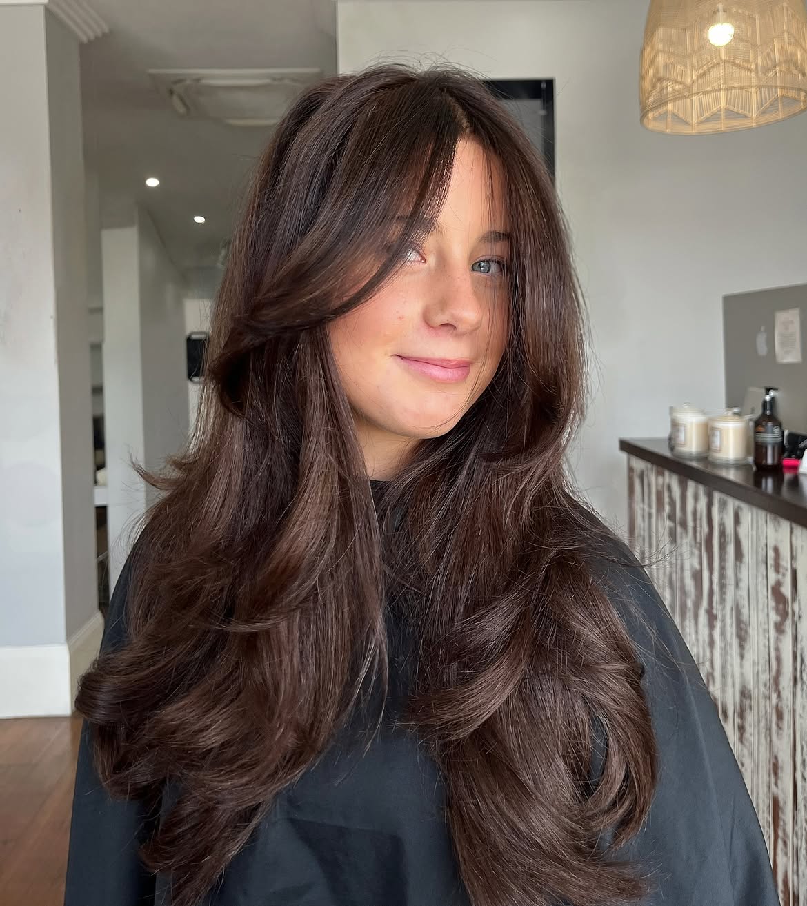 Volume Rich Chocolate Brown Layers With Curtain Bangs