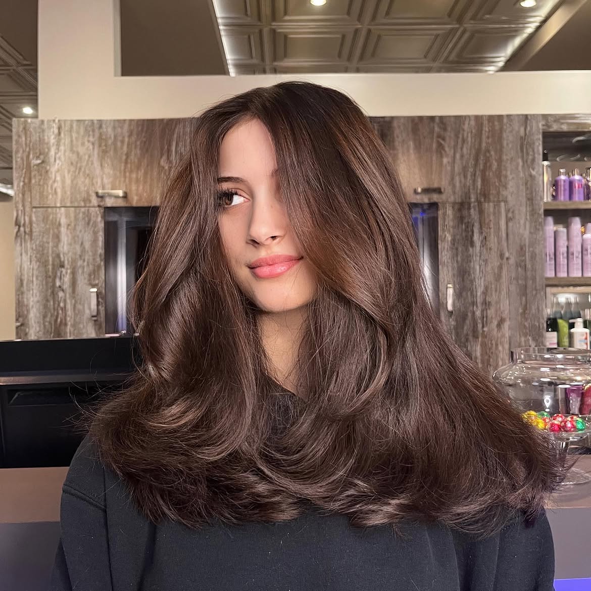 Voluminous Blowout Layers On Rich Chocolate Brown Hair