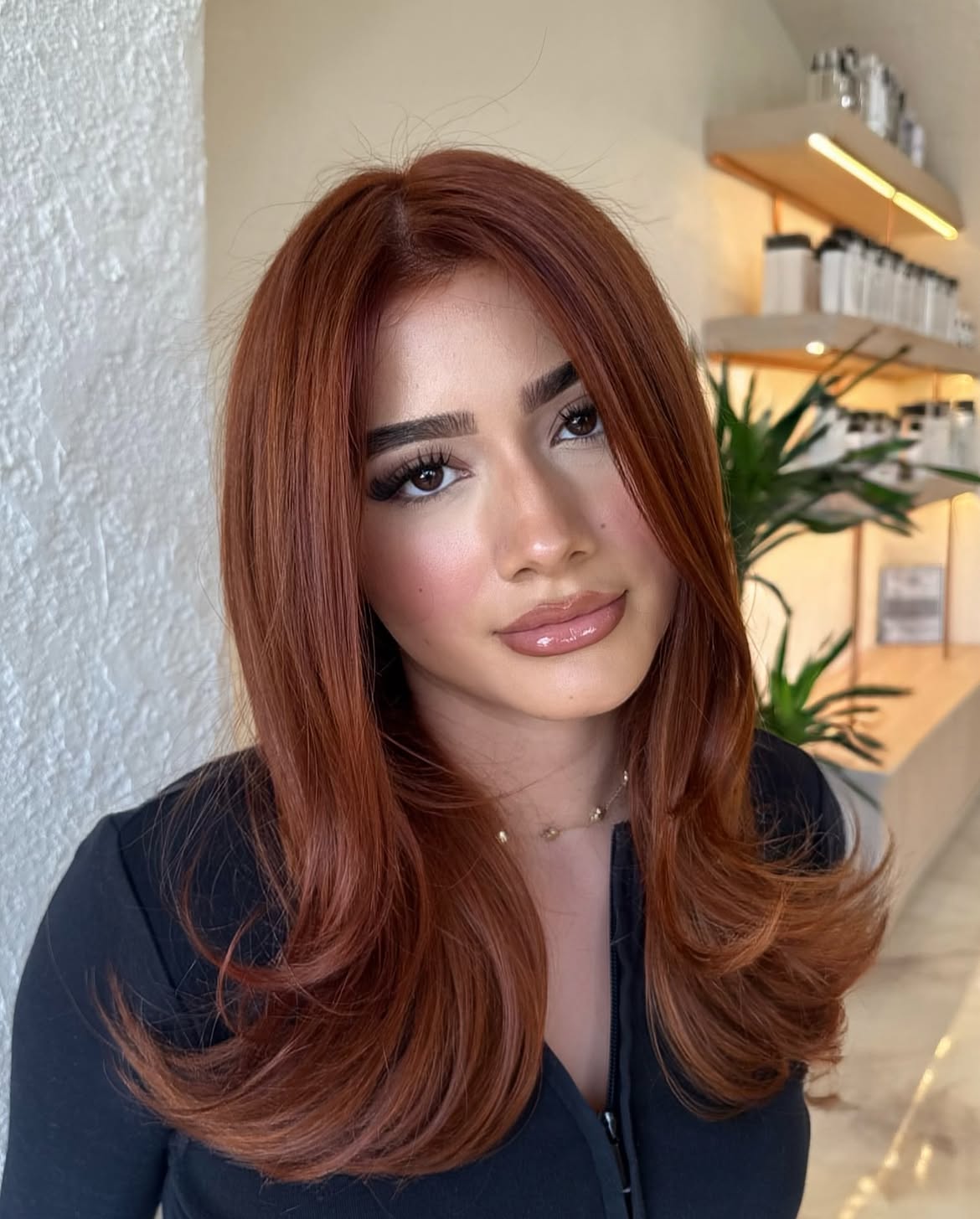 Warm Copper Brown Balayage With Soft Waves