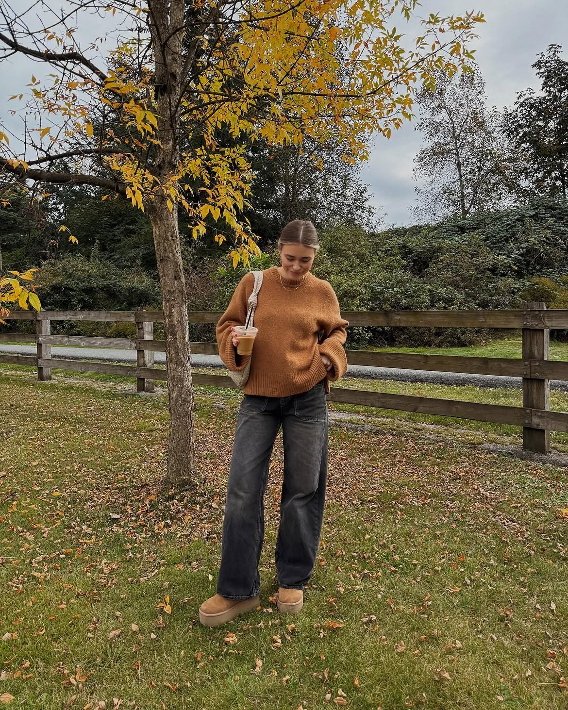 Warm Sweater And Wide Leg Denim Fall Outfit