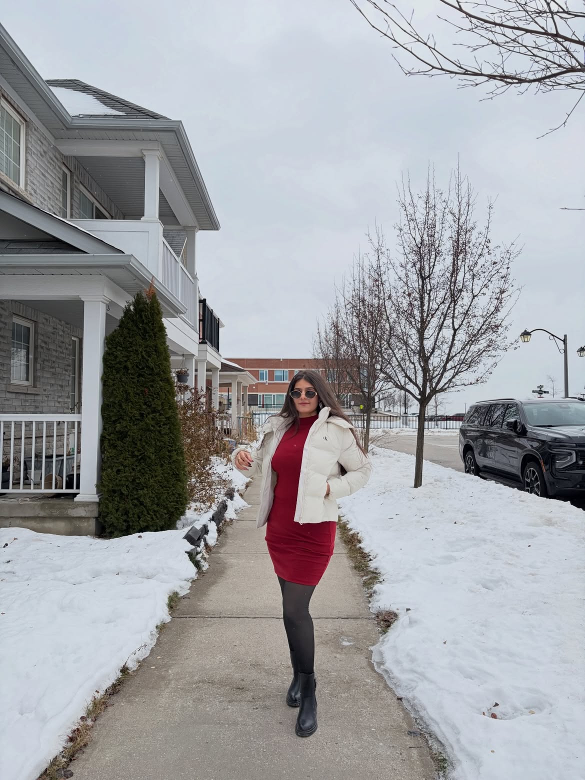 Winter Red Dress And Puffer Jacket Combo