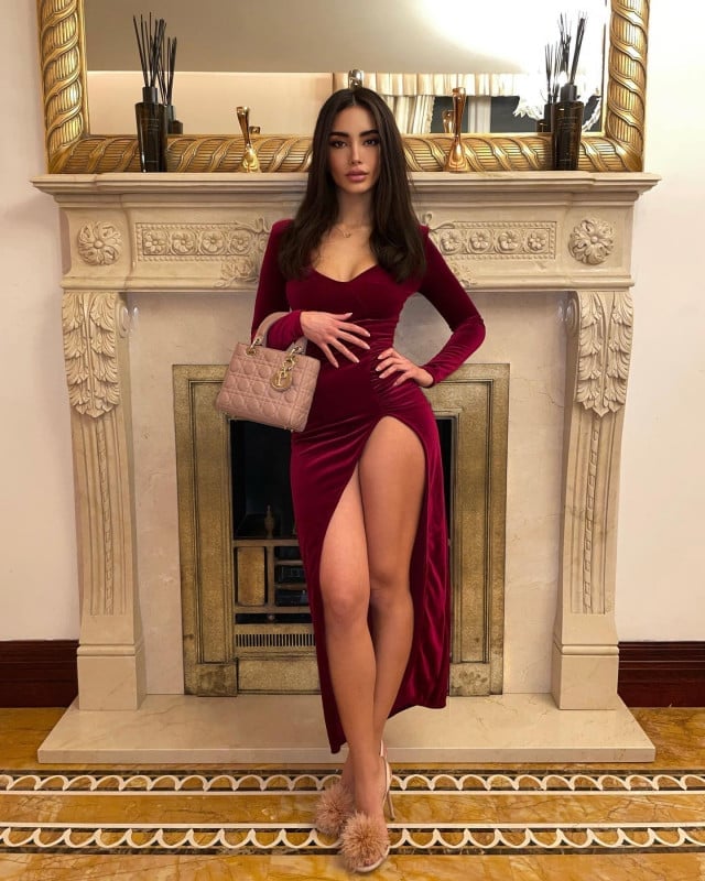 Deep red velvet dress with high leg slit and plunging neckline Deep red velvet dress with high leg slit and plunging neckline — 21st Birthday Outfits