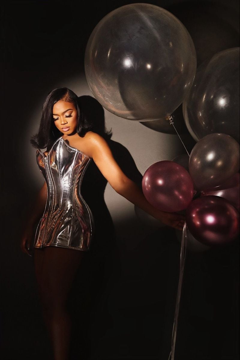 Silver metallic corset mini dress with one-shoulder design Silver metallic corset mini dress with one-shoulder design — 21st Birthday Outfits