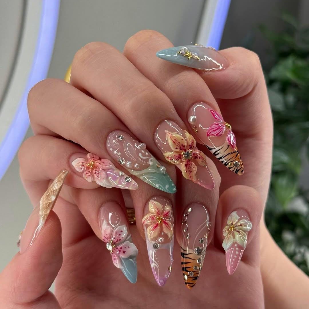 Long Almond Nails with 3D Flowers Pearls and Tiger Print Long Almond Nails with 3D Flowers Pearls and Tiger Print — 3D Nails
