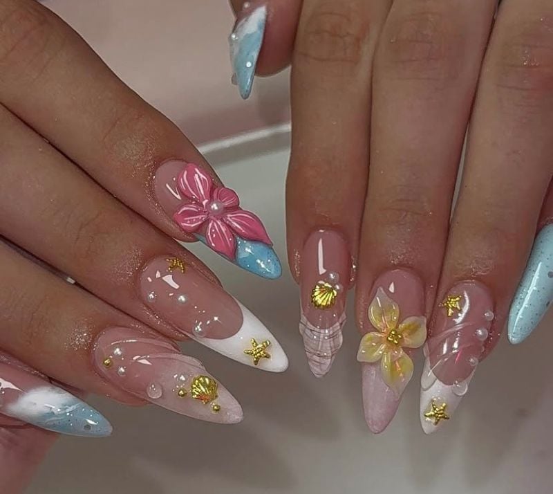 Long Stiletto Nails with Colorful 3D Flowers and Seashells Long Stiletto Nails with Colorful 3D Flowers and Seashells — 3D Nails