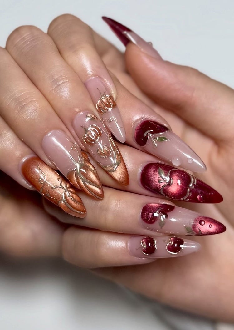 Long Stiletto Nails with 3D Autumnal Pumpkins and Apples Long Stiletto Nails with 3D Autumnal Pumpkins and Apples — 3D Nails