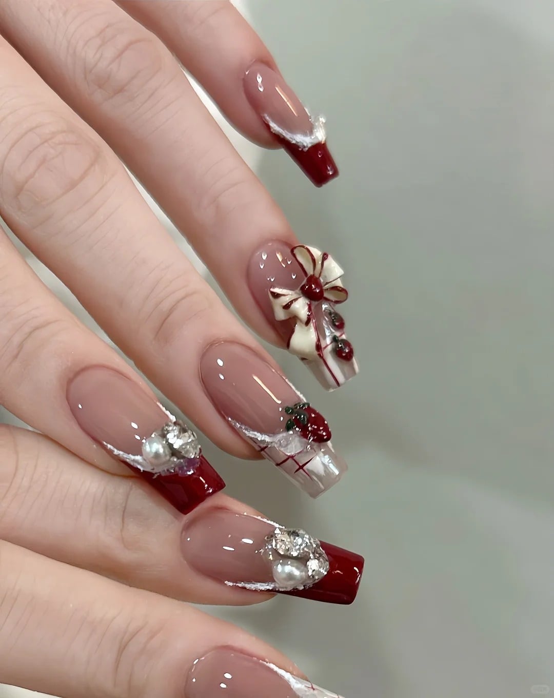 Long Square Nails with Festive 3D Bows and Charms Long Square Nails with Festive 3D Bows and Charms — 3D Nails