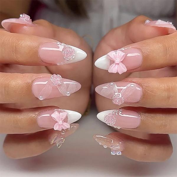 Medium Square French Manicure with 3D Bows and Flowers Medium Square French Manicure with 3D Bows and Flowers — 3D Nails