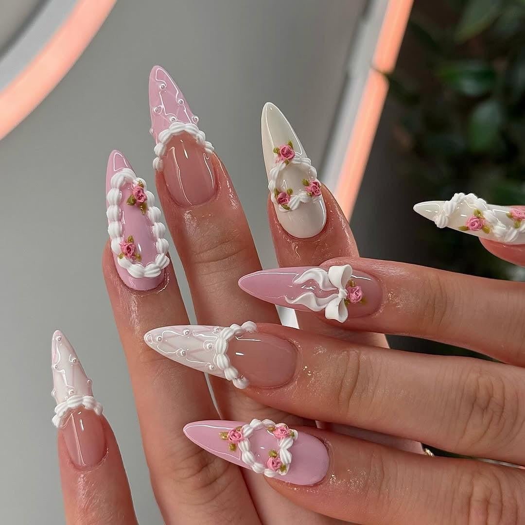Medium Square Nails with 3D Ribbons and Flowers Medium Square Nails with 3D Ribbons and Flowers — 3D Nails