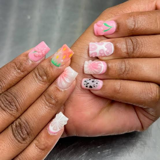 Short Square Nails with 3D Fruit and Floral Patterns, Glossy Short Square Nails with 3D Fruit and Floral Patterns, Glossy — 3D Nails