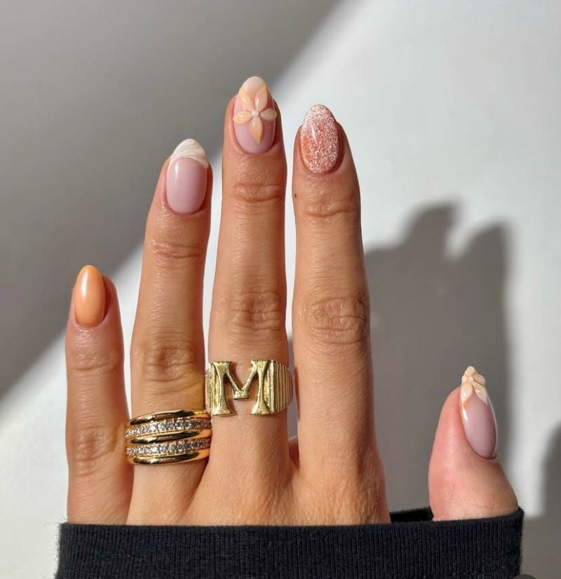Medium Almond Nails with 3D Floral Accent and French Tip Medium Almond Nails with 3D Floral Accent and French Tip — 3D Nails