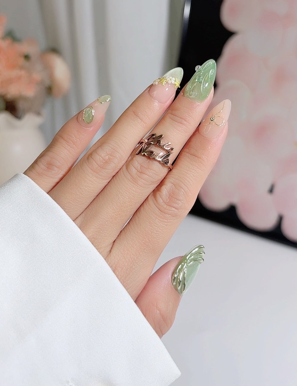 Medium Almond Nails with 3D Mint Green Flowers and Gold Medium Almond Nails with 3D Mint Green Flowers and Gold — 3D Nails