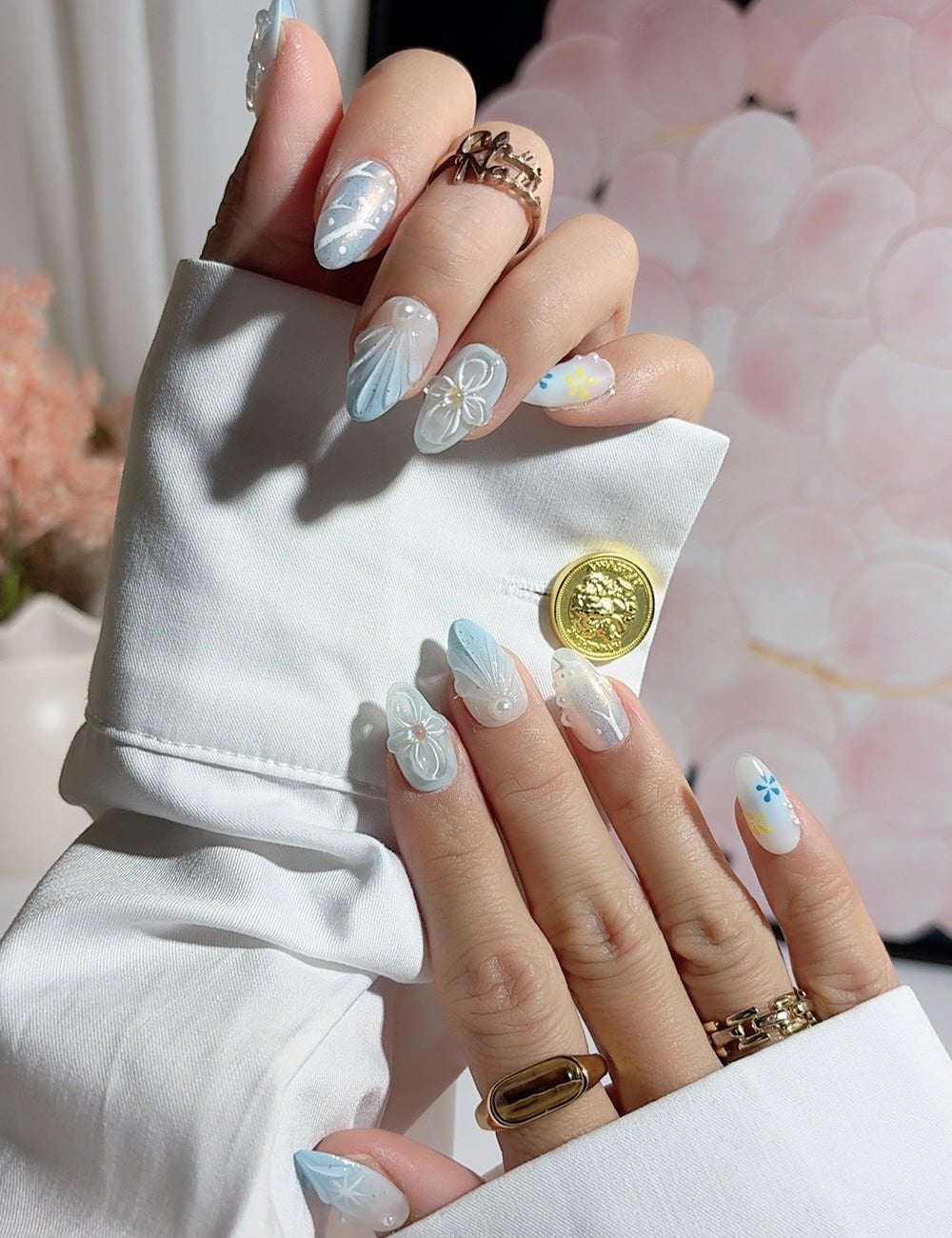 Medium Almond Nails with 3D Flowers Pearls and Bow Medium Almond Nails with 3D Flowers Pearls and Bow — 3D Nails